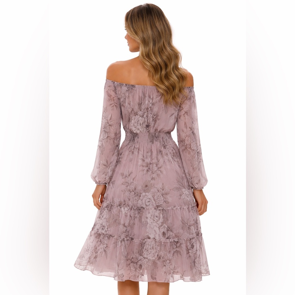 Kate & Lily Lilac Floral Off Shoulder Dress Boho Sheer Sleeve Smocked Waist SZ 6 - Picture 3 of 7